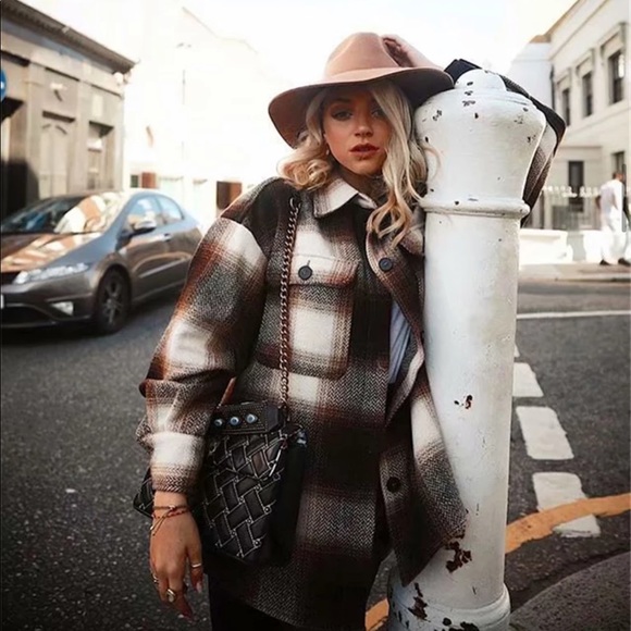 Boyfriend Fit Plaid Jacket Coat Brown Trucker - Picture 8 of 16